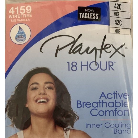 Playtex 18 Hour Womens Bra Size 42C Nude Wireless Cooling Band No Slip Strap - Picture 3 of 8